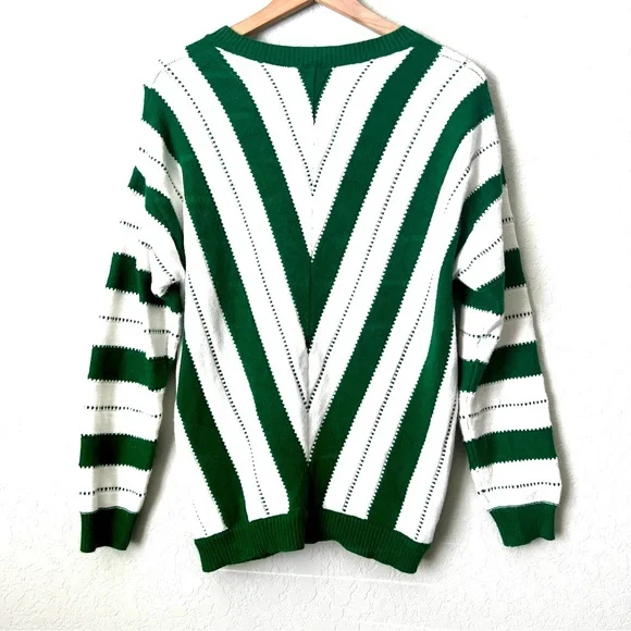 PRETTY GARDEN Pullover Knit Sweater V-Neck Color Block Stripe Green Whit… - Picture 6 of 8